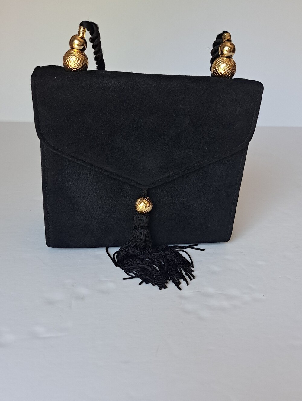 Black Suede Tassel Evening Bag with Gold Accents